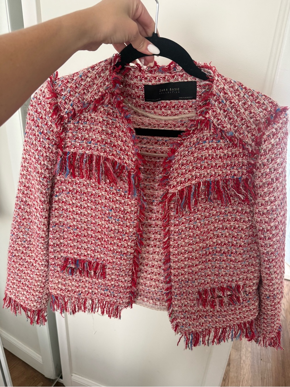 Zara Red & White Tweed Fringe Blazer